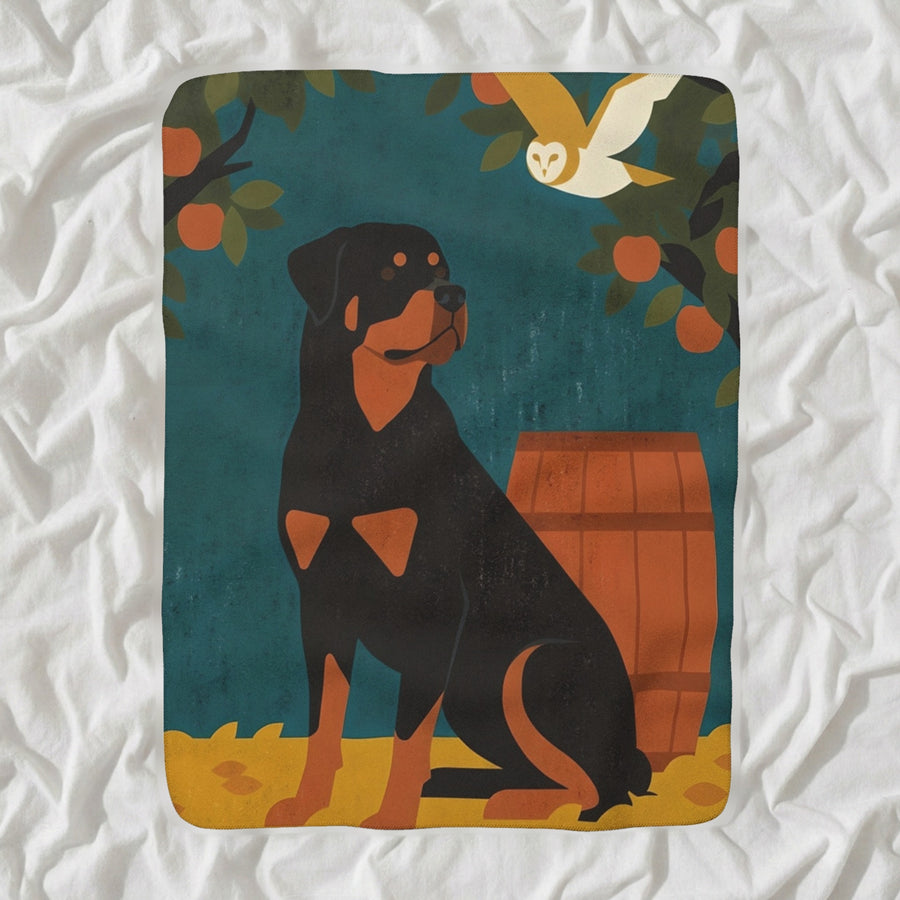 Rottweiler Sherpa Fleece Blanket, Retro Autumn Dog Art, Rottweiler Lover Gift shown lying flat on softly rumpled white bedding