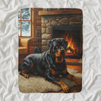 Rottweiler By the Fire gift set: canvas, sherpa blanket and coaster in one painting