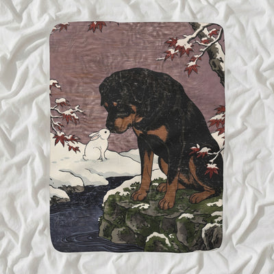 Rottweiler Sherpa Fleece Blanket, Japanese Print Dog Art, Rottweiler Lover Gift