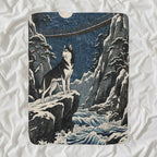 Siberian Husky Sherpa Fleece Blanket, Japanese Print Dog Art, Siberian Husky Lover Gift shown lying flat on softly rumpled white bedding