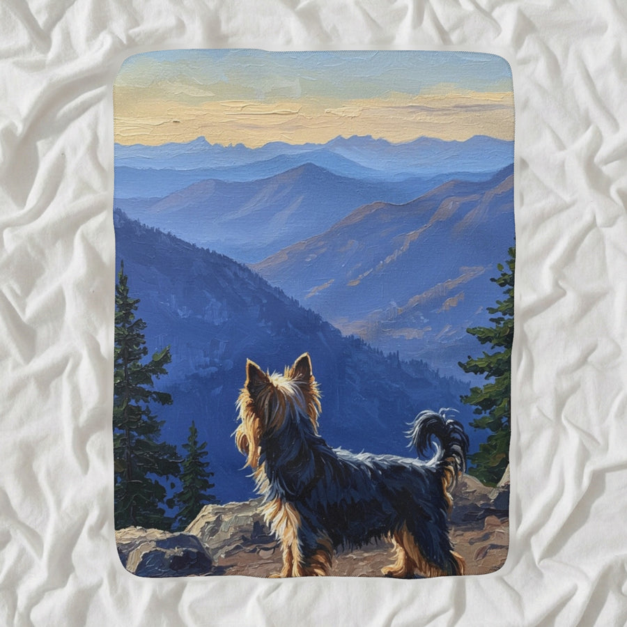 Yorkshire Terrier Acrylic Sherpa Fleece Blanket, Mountain Overlook Dog Art, Yorkshire Terrier Lover Gift shown lying flat on softly rumpled white bedding