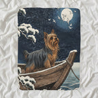 Yorkshire Terrier Sherpa Fleece Blanket, Japanese Print Dog Art, Yorkshire Terrier Lover Gift shown lying flat on softly rumpled white bedding