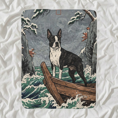 Boston Terrier Sherpa Fleece Blanket, Japanese Print Dog Art, Boston Terrier Lover Gift