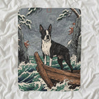 Boston Terrier Sherpa Fleece Blanket, Japanese Print Dog Art, Boston Terrier Lover Gift shown lying flat on softly rumpled white bedding