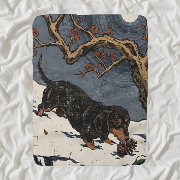 Dachshund Sherpa Fleece Blanket, Japanese Print Dog Art, Dachshund Lover Gift shown lying flat on softly rumpled white bedding
