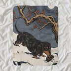 Dachshund Sherpa Fleece Blanket, Japanese Print Dog Art, Dachshund Lover Gift shown lying flat on softly rumpled white bedding