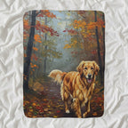 Golden Retriever Acrylic Sherpa Fleece Blanket, Colorful Dog Art, Golden Retriever Lover Gift shown lying flat on softly rumpled white bedding