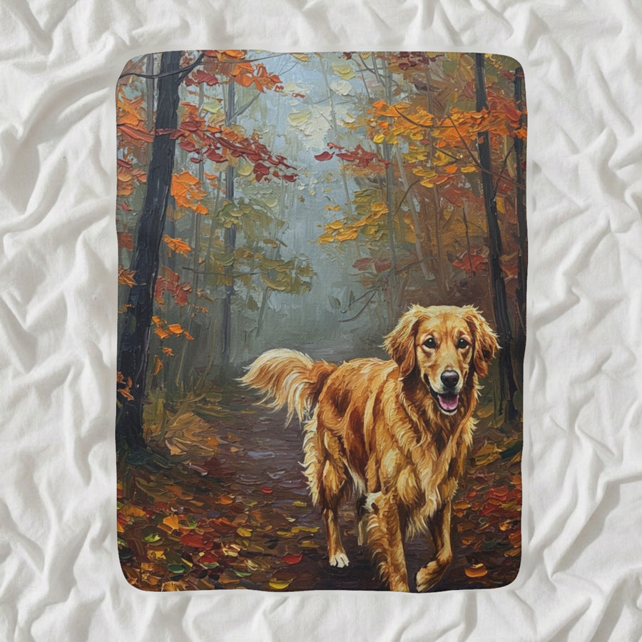 Golden Retriever Acrylic Sherpa Fleece Blanket, Colorful Dog Art, Golden Retriever Lover Gift shown lying flat on softly rumpled white bedding