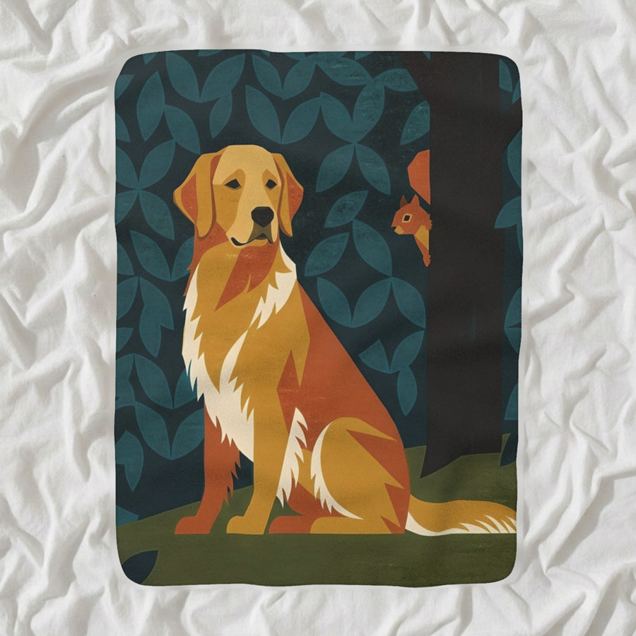 Golden Retriever Sherpa Fleece Blanket, Retro Autumn Dog Art, Golden Retriever Lover Gift shown lying flat on softly rumpled white bedding