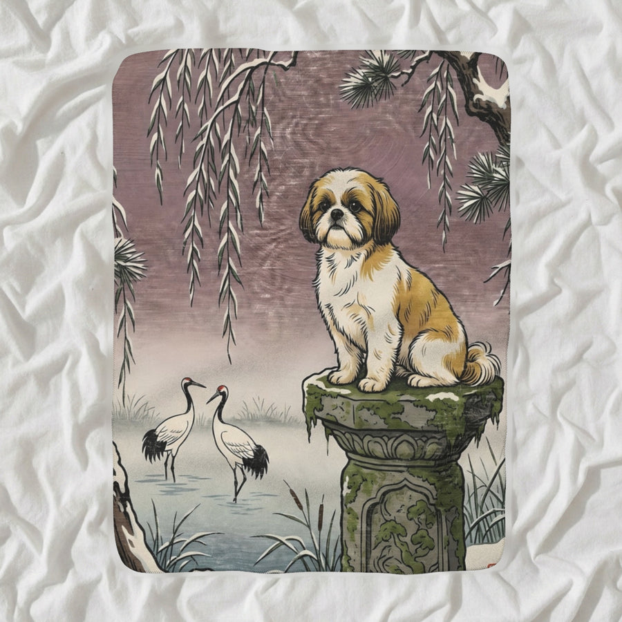 Shih Tzu Sherpa Fleece Blanket, Japanese Print Dog Art, Shih Tzu Lover Gift shown lying flat on softly rumpled white bedding