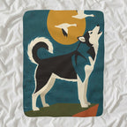 Siberian Husky Sherpa Fleece Blanket, Retro Autumn Dog Art, Siberian Husky Lover Gift shown lying flat on softly rumpled white bedding