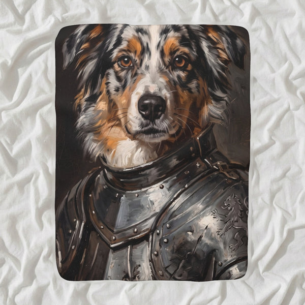 Australian Shepherd Medieval Knight Portrait Sherpa Fleece Blanket, Regal Dog Painting, Australian Shepherd Lover Gift