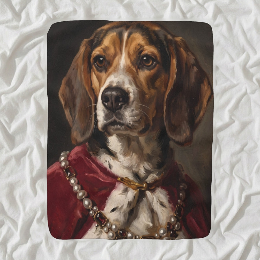 Beagle Kings & Queens Sherpa Fleece Blanket, Regal Dog Painting, Beagle Lover Gift shown lying flat on softly rumpled white bedding