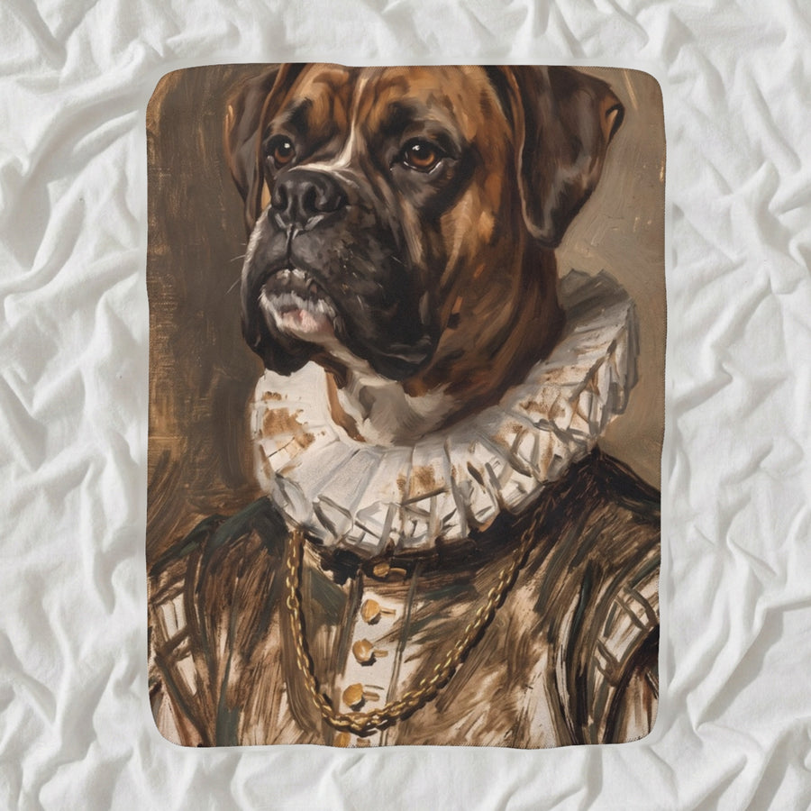 Boxer Royal Portrait Sherpa Fleece Blanket, Regal Dog Painting, Boxer Lover Gift shown lying flat on softly rumpled white bedding