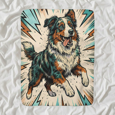 Australian Shepherd Comic Pop Sherpa Fleece Blanket, Bold Dog Art, Australian Shepherd Lover Gift