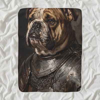 English Bulldog Medieval Knight Portrait Sherpa Fleece Blanket, Regal Dog Painting, English Bulldog Lover Gift