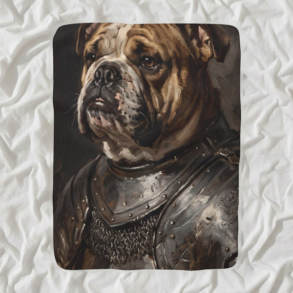 English Bulldog Medieval Knight Portrait Sherpa Fleece Blanket, Regal Dog Painting, English Bulldog Lover Gift