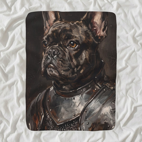French Bulldog Medieval Knight Portrait Sherpa Fleece Blanket, Regal Dog Painting, French Bulldog Lover Gift