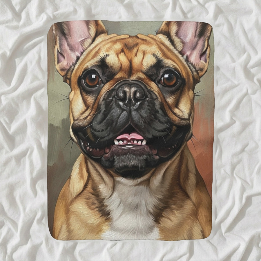 French Bulldog Oil Portrait Sherpa Fleece Blanket, Smiling Classic Portrait, French Bulldog Lover Gift shown lying flat on softly rumpled white bedding