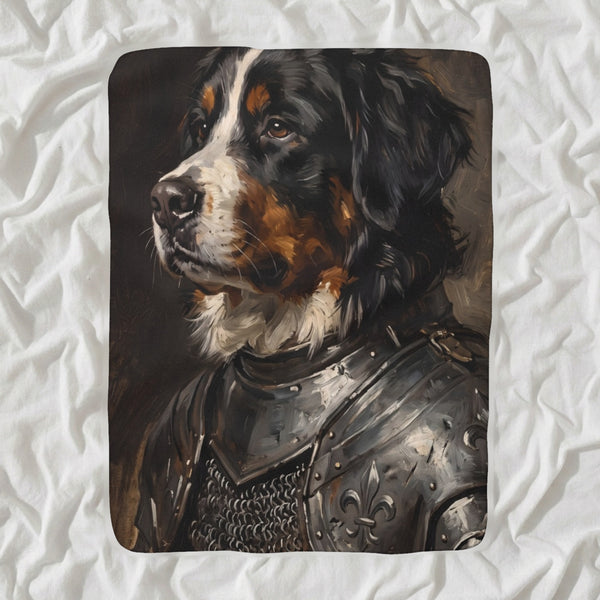 Bernese Mountain Dog Medieval Knight Portrait Sherpa Fleece Blanket, Regal Dog Painting, Bernese Mountain Dog Lover Gift