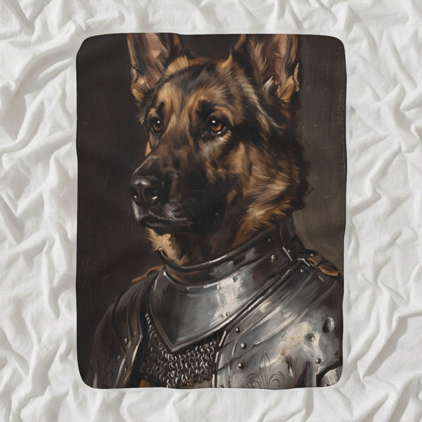 German Shepherd Medieval Knight Portrait Sherpa Fleece Blanket, Regal Dog Painting, German Shepherd Lover Gift