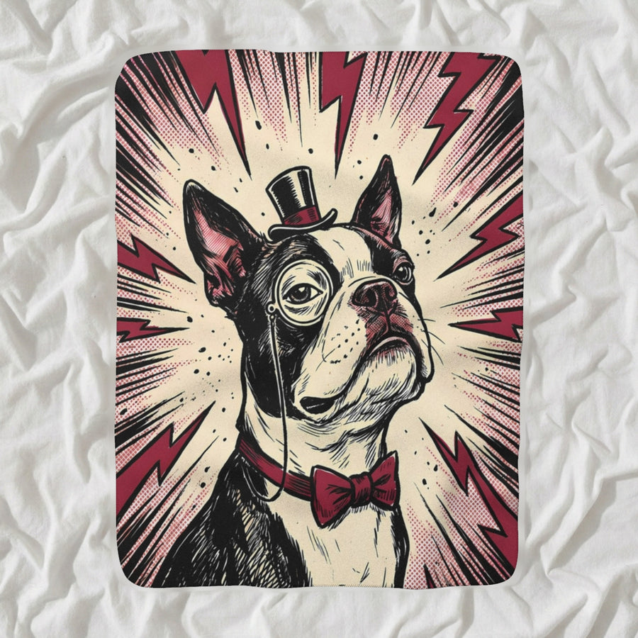 Boston Terrier Comic Pop Sherpa Fleece Blanket, Bold Dog Art, Boston Terrier Lover Gift shown lying flat on softly rumpled white bedding