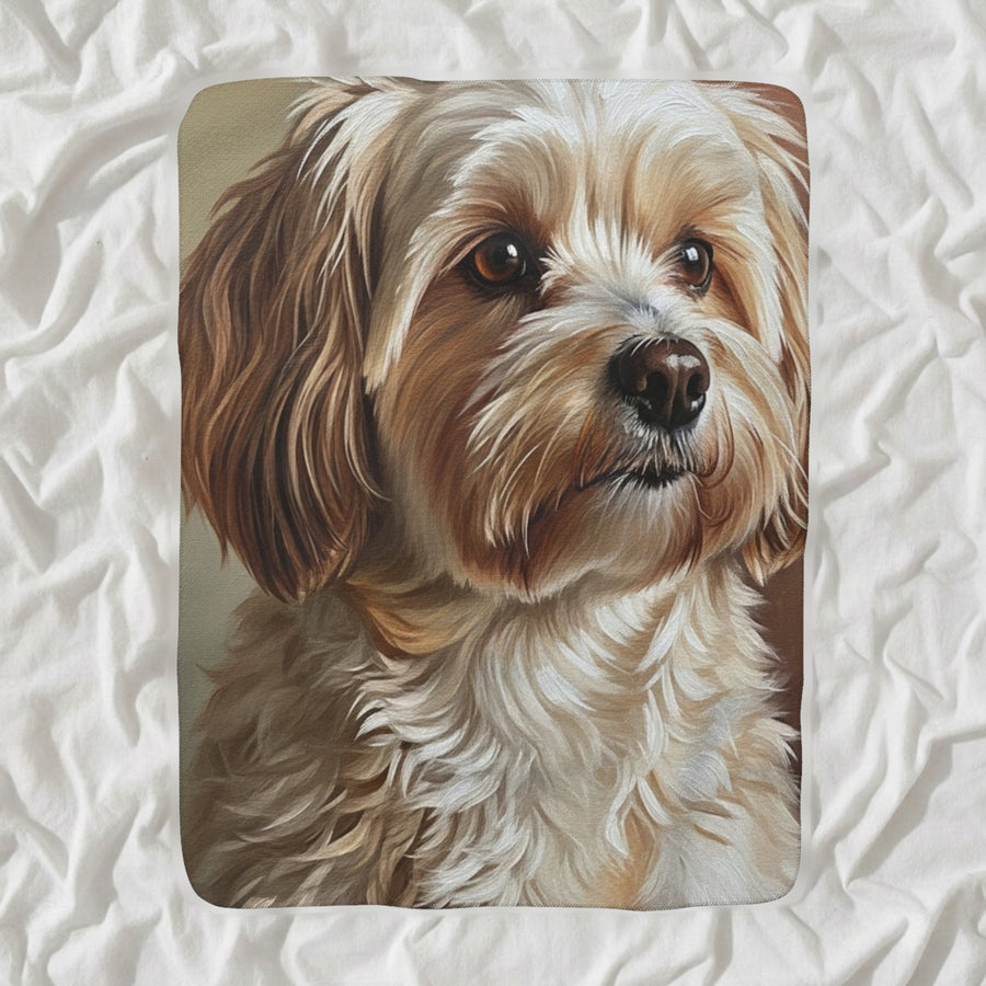 Havanese Oil Portrait Sherpa Fleece Blanket, Classic Dog Portrait, Havanese Lover Gift shown lying flat on softly rumpled white bedding