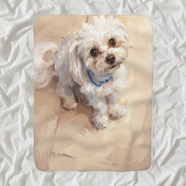 Maltese Oil Portrait Sherpa Fleece Blanket, Classic Dog Portrait, Maltese Lover Gift