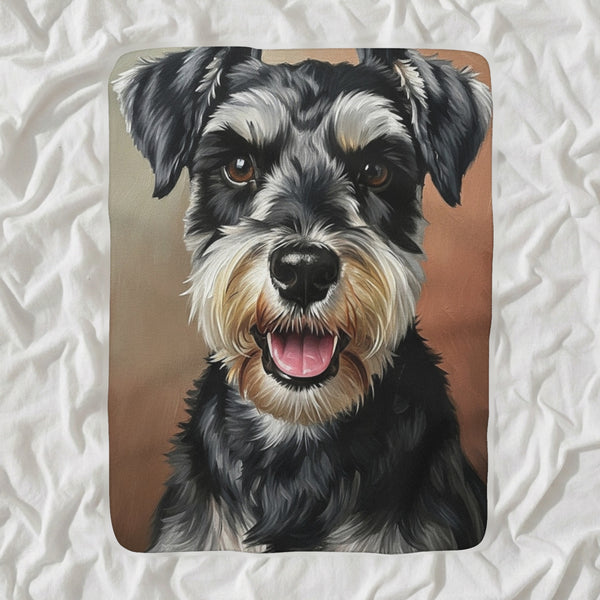 Miniature Schnauzer Oil Portrait Sherpa Fleece Blanket, Classic Dog Portrait, Miniature Schnauzer Lover Gift