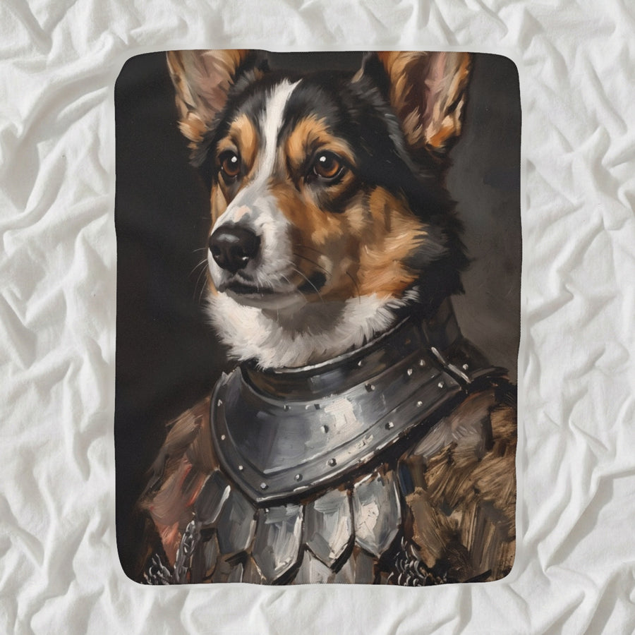 Corgi Medieval Knight Portrait Sherpa Fleece Blanket, Regal Dog Painting, Corgi Lover Gift shown lying flat on softly rumpled white bedding