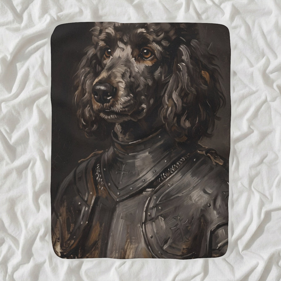 Poodle Medieval Knight Portrait Sherpa Fleece Blanket, Regal Dog Painting, Poodle Lover Gift shown lying flat on softly rumpled white bedding