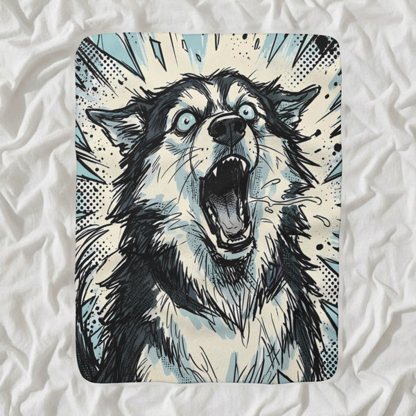 Siberian Husky Comic Pop Sherpa Fleece Blanket, Bold Dog Art, Siberian Husky Lover Gift