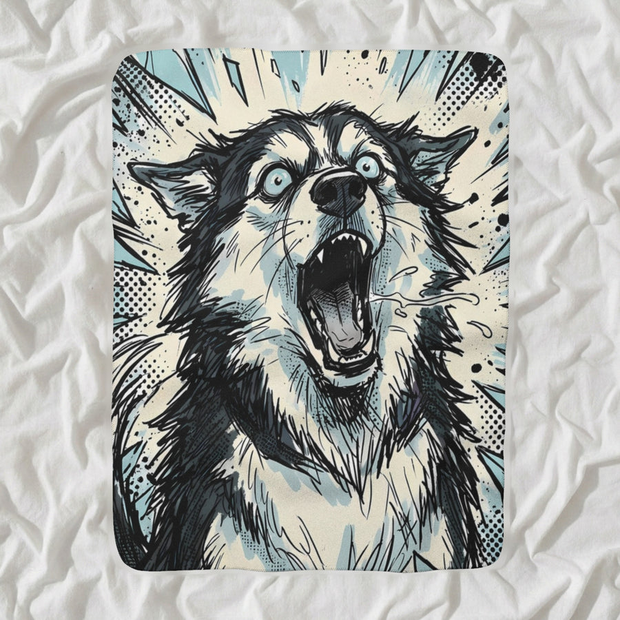 Siberian Husky Comic Pop Sherpa Fleece Blanket, Bold Dog Art, Siberian Husky Lover Gift shown lying flat on softly rumpled white bedding