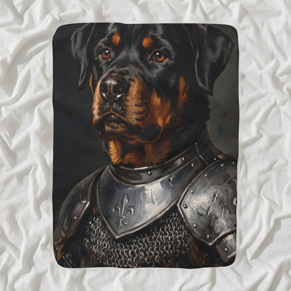 Rottweiler Medieval Knight Portrait Sherpa Fleece Blanket, Regal Dog Painting, Rottweiler Lover Gift