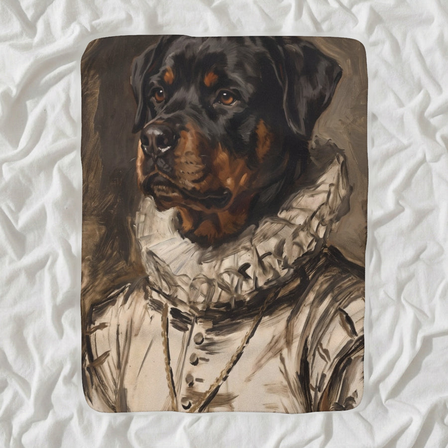 Rottweiler Royal Portrait Sherpa Fleece Blanket, Regal Dog Painting, Rottweiler Lover Gift shown lying flat on softly rumpled white bedding