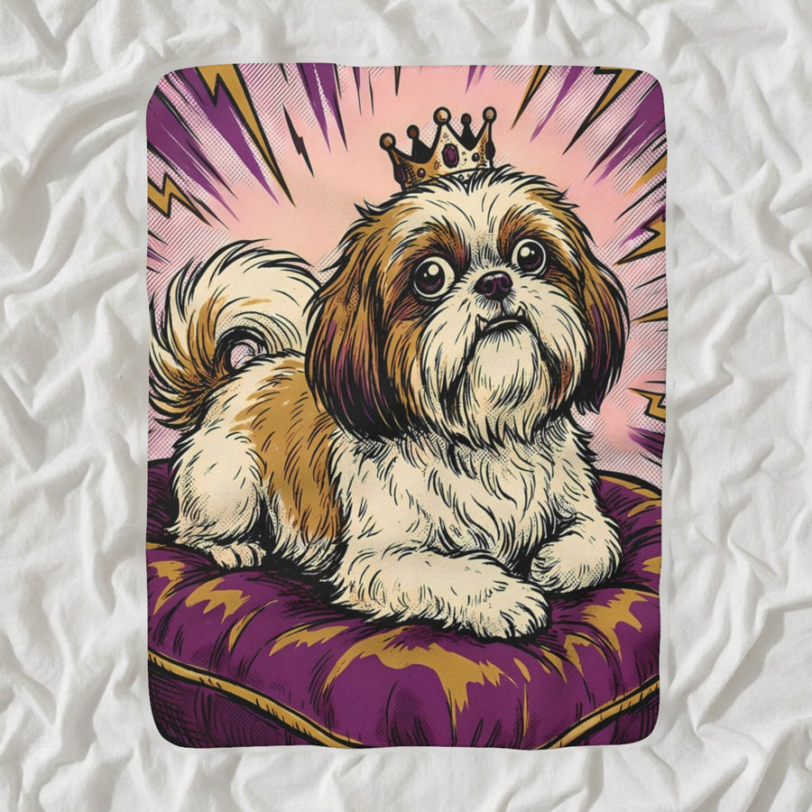 Shih Tzu Comic Pop Sherpa Fleece Blanket, Bold Dog Art, Shih Tzu Lover Gift shown lying flat on softly rumpled white bedding