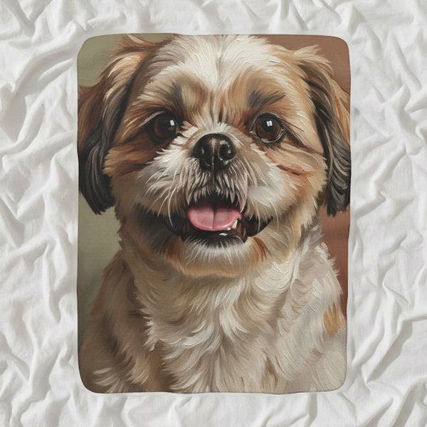 Shih Tzu Oil Portrait Sherpa Fleece Blanket, Classic Dog Portrait, Shih Tzu Lover Gift
