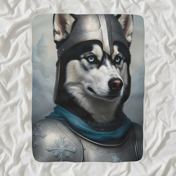 Siberian Husky Medieval Knight Portrait Sherpa Fleece Blanket, Regal Dog Painting, Siberian Husky Lover Gift