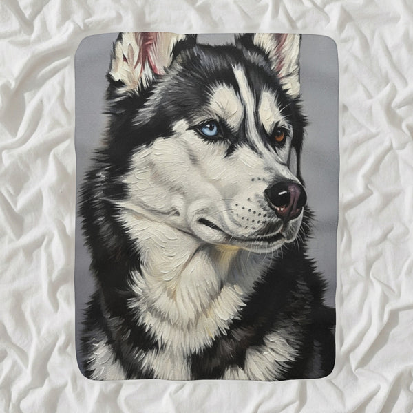 Siberian Husky Oil Portrait Sherpa Fleece Blanket, Classic Dog Portrait, Siberian Husky Lover Gift