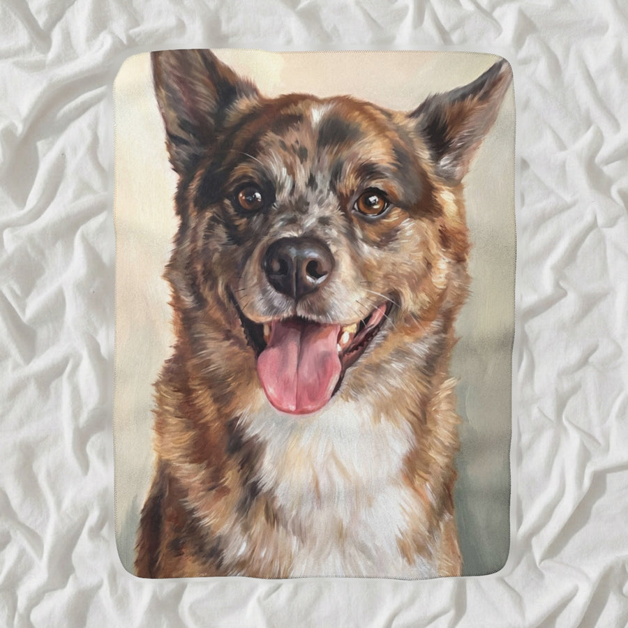 Apollo — Custom Shiba × Pomeranian Portrait Throw Blanket shown lying flat on softly rumpled white bedding