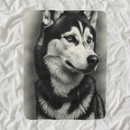 Siberian Husky Throw Blanket shown lying flat on softly rumpled white bedding