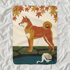 Shiba Inu Retro Autumn cozy gift set: sherpa fleece blanket, cork-back coaster, and vinyl sticker