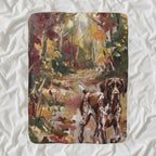 German Shorthaired Pointer Acrylic Painting Sherpa Fleece Blanket shown lying flat on softly rumpled white bedding