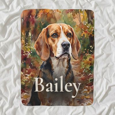 Personalized Beagle Blanket with Your Dog's Name, Watercolor-Style Dog Portrait Sherpa Fleece Throw, Dog Lover Gift