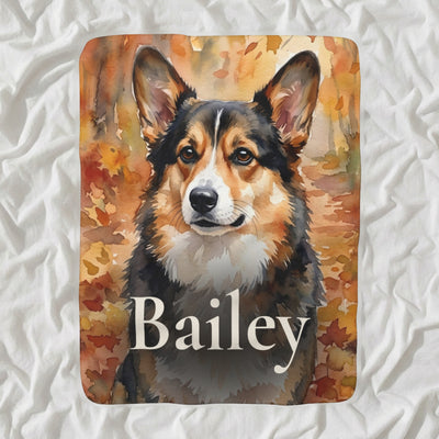 Personalized Corgi Blanket with Your Dog's Name, Watercolor-Style Dog Portrait Sherpa Fleece Throw, Dog Lover Gift