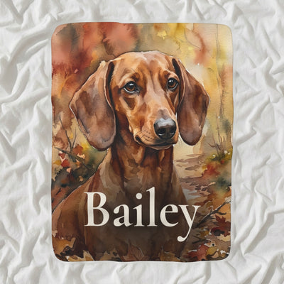 Personalized Dachshund Blanket with Your Dog's Name, Watercolor-Style Dog Portrait Sherpa Fleece Throw, Dog Lover Gift