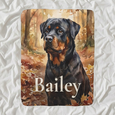 Personalized Rottweiler Blanket with Your Dog's Name, Watercolor-Style Dog Portrait Sherpa Fleece Throw, Dog Lover Gift
