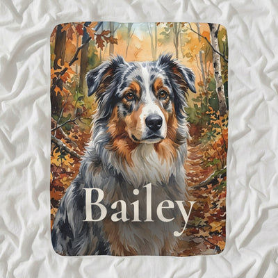 Personalized Australian Shepherd Blanket with Your Dog's Name, Watercolor-Style Dog Portrait Sherpa Fleece Throw, Dog Lover Gift