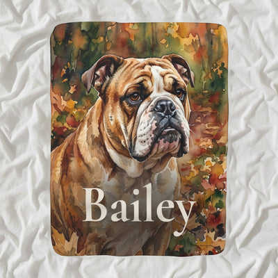 Personalized English Bulldog Blanket with Your Dog's Name, Watercolor-Style Dog Portrait Sherpa Fleece Throw, Dog Lover Gift