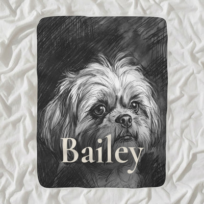 Personalized Shih Tzu Blanket with Your Dog's Name, Charcoal-Style Dog Portrait Sherpa Fleece Throw, Dog Lover Gift